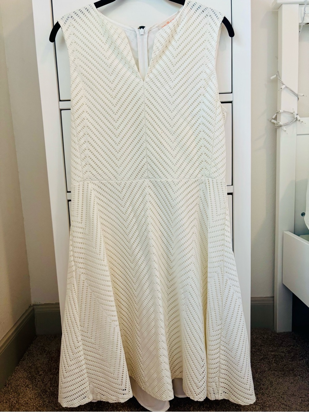 Tory Burch White Chevron Eyelet Fit-and-Flare Dress